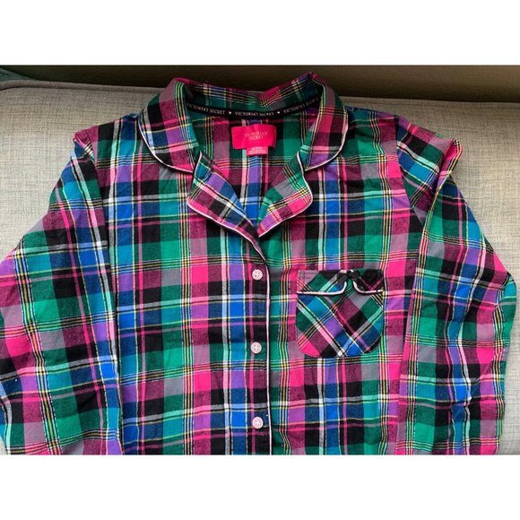 Victoria Secret Flannel Short Dress/ Robe Pink Grn Plaid Drawstring Waist XS - Picture 7 of 11